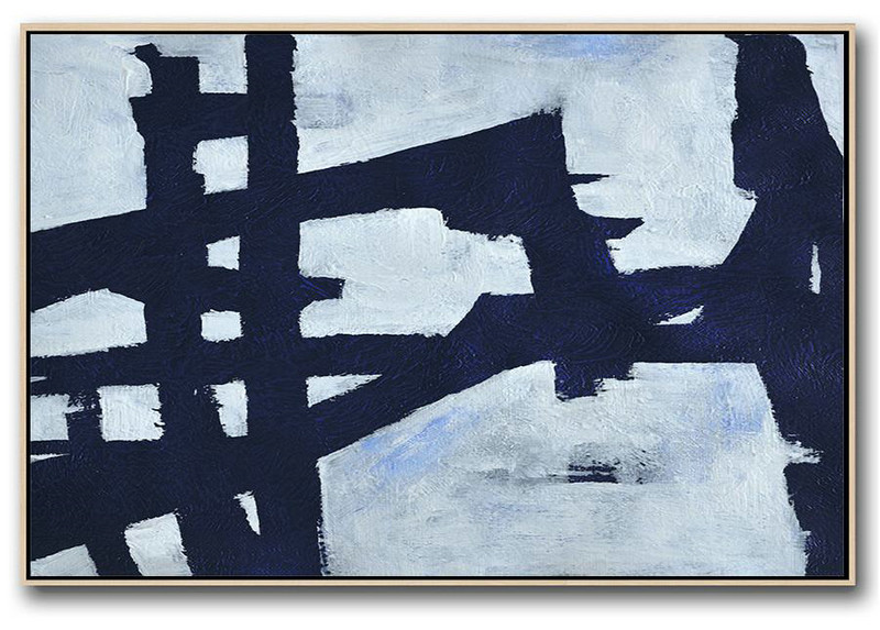 Modern Abstract Wall Art,Horizontal Abstract Painting Navy Blue Minimalist Painting On Canvas,Contemporary Art Canvas Painting #H8M5